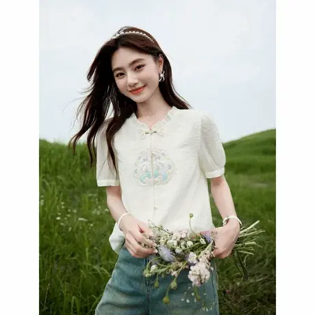 时尚气质衬衫2024年夏季新款女国风刺绣花边领温柔百搭短袖T上衣商品大图