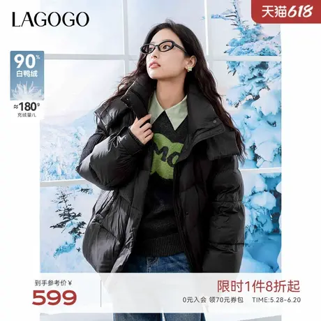 LAGOGO黑色连帽羽绒服女拉谷谷2024年冬季新款90绒显瘦小个子外套商品大图