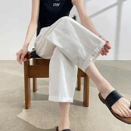 100％纯棉羊角牛仔裤女夏季薄款白色宽松九分弯刀哈伦白色老爹裤商品大图