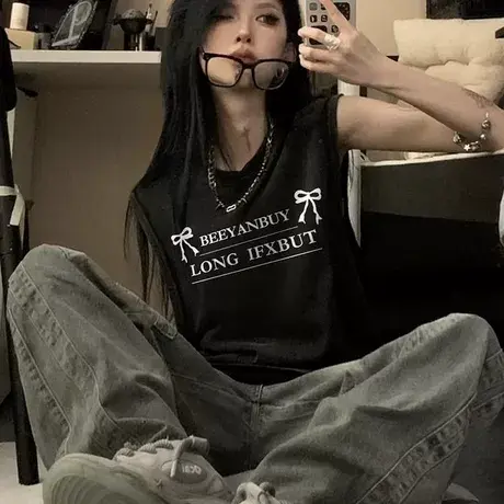 纯棉辣妹吊带坎肩背心无袖t恤女2025夏外穿高级感宽松慵懒风上衣商品大图