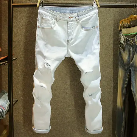 九分浅色牛仔裤男款弹力修身小脚裤潮牌破洞2025新款夏季9分裤潮图片
