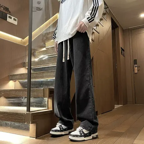 微喇牛仔裤男款夏季美式高街阔腿百搭裤子弯刀直筒黑色喇叭裤男生图片