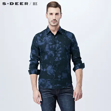 sdeerhe圣迪奥男纯棉蓝黑扎染印花长袖衬衫H15170509图片