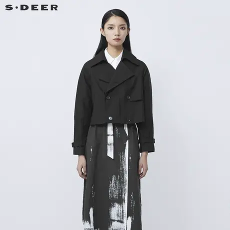 sdeer圣迪奥春装翻领双排扣短款黑色夹克外套女S21382214图片