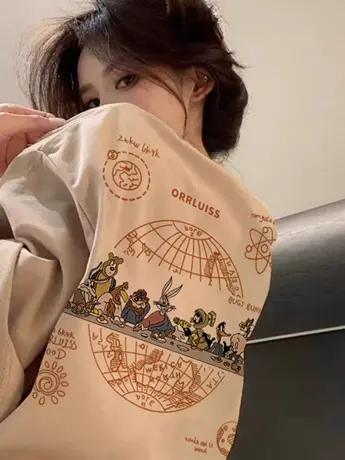 短袖t恤女2024新款oversize大码宽松卡其色显瘦ins潮牌慵懒风上衣图片