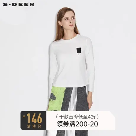 sdeer圣迪奥女装春秋装时尚圆领撞色印花白色长袖T恤S21380205图片