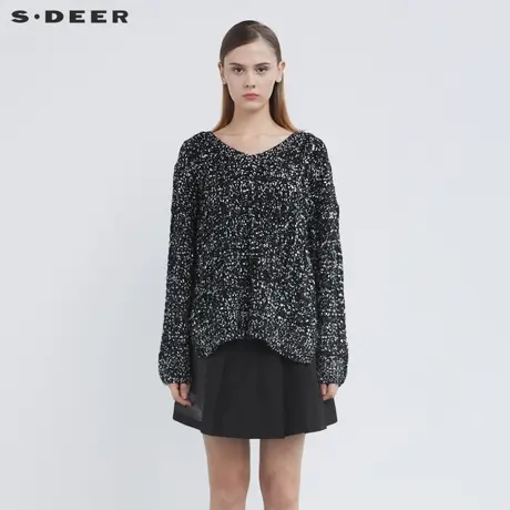 sdeer圣迪奥女装罗纹V领撞色钩花不规则针织衫S21483527图片