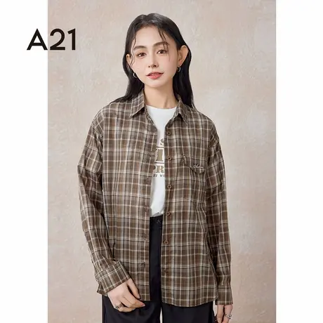A21女装梭织宽松翻领小落肩全开襟千鸟格长袖衬衫春秋季格子衬衣商品大图