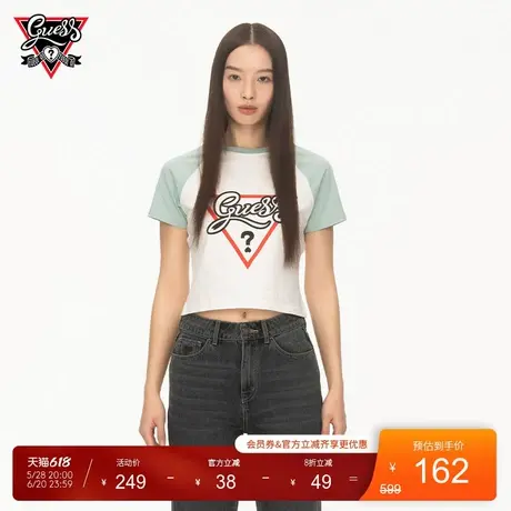 【GUESS x YUEQI QI联名系列】女士撞色插肩袖罗纹圆领T恤短袖图片