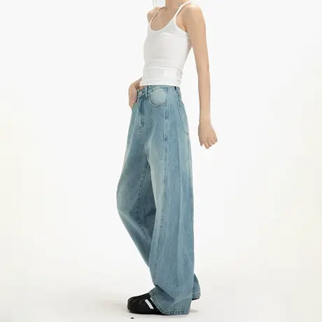 美式复古水洗直筒阔腿牛仔裤女夏cleanfit宽松百搭休闲弯刀长裤图片