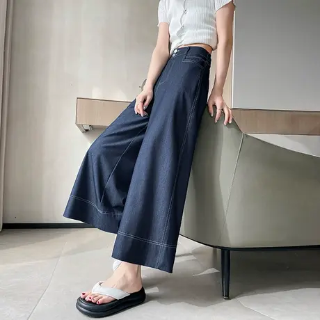 九分复古蓝色牛仔阔腿裤女春季新款高腰垂感宽松八分小个子直筒裤商品大图