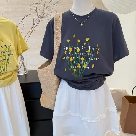 韩系钉珠字母印花圆领短袖t恤女夏季新款设计感小众休闲百搭上衣商品大图