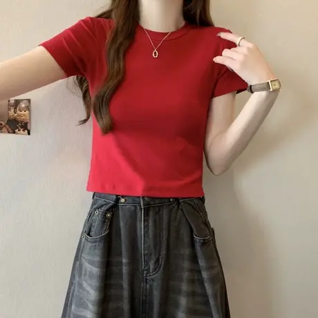 洋气时髦纯色短袖T恤女夏季韩版ins潮流百搭修身短款打底衫上衣服商品大图