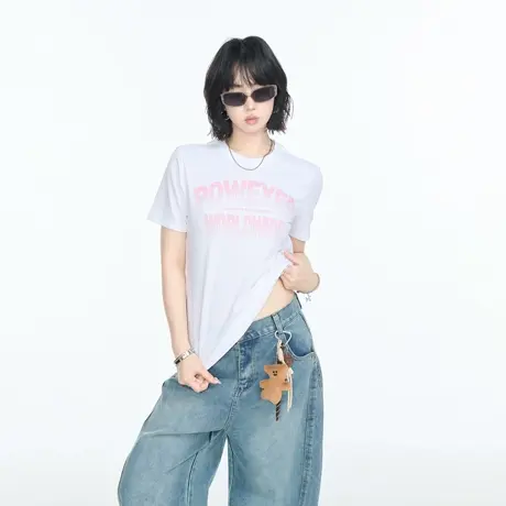 美式正肩修身短款字母印花短袖T恤女2025夏季新款辣妹风显瘦上衣图片