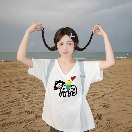 大码女装v领体恤欧货奶系穿搭小个子白色上衣夏日系慵懒风t恤短袖图片