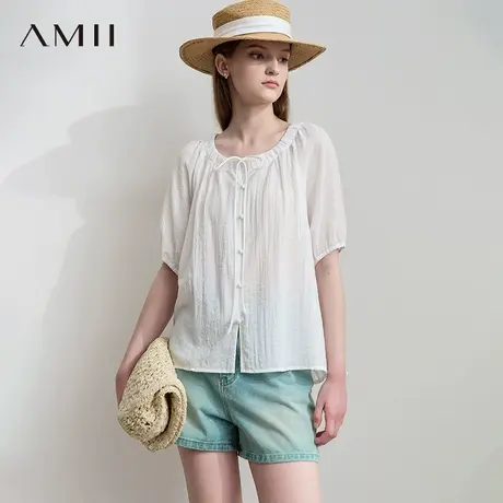 AMII【韩系甜美衬衫】25夏韩系时尚甜美领口抽褶系带衬衣衬衫女商品大图