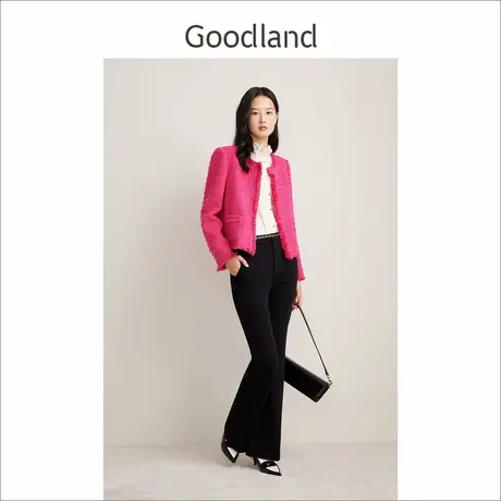 Goodland美地春季玫红色小香风粗花呢拉毛休闲短外套图片