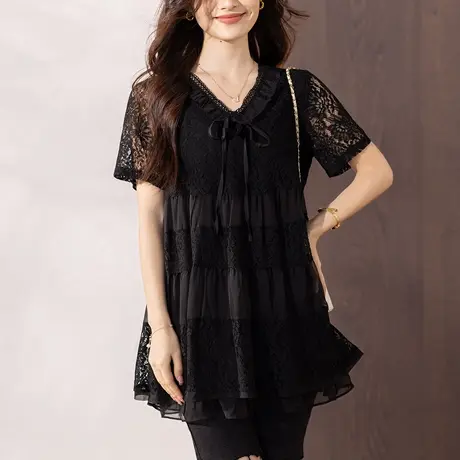 蕾丝衫女短袖夏季新款加肥加大码女装宽松中长款洋气V领小衫上衣图片
