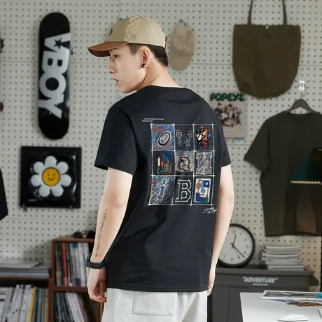 唐狮夏季新款男短袖T恤白宽松简约圆领上衣休闲小标潮流内搭t官方图片