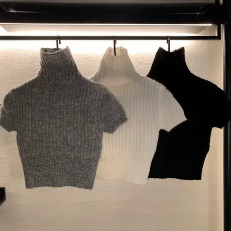 高领修身打底针织衫女秋冬内搭黑色短袖紧身高级感短款上衣商品大图