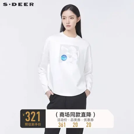 sdeer圣迪奥秋装简约圆领撞色印花落肩袖T恤女S22180216⏹商品大图