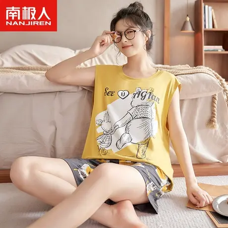 凉感睡衣女夏天莫代尔无袖背心套装夏季清爽冰丝小熊素描图家居服商品大图