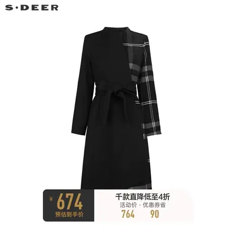 sdeer圣迪奥女装立领格纹收腰毛呢大衣式羽绒服S234Z2408✝商品大图