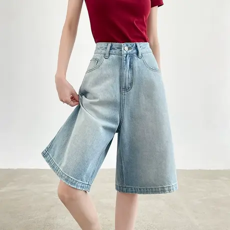 浅蓝色牛仔短裤女2025夏季薄款五分裤宽松显瘦百搭阔腿直筒热裤子图片