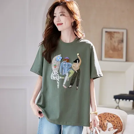 宝诗黎圆领亮片印花短袖T恤2025夏季韩版简约百搭休闲宽松上衣女图片