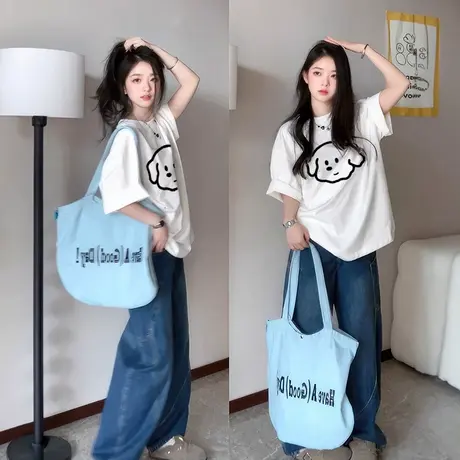 纯棉白色短袖t恤女2025新款半袖韩版宽松慵懒风夏日绝美上衣ins风商品大图