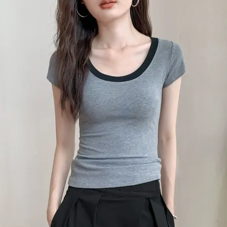 莫代尔撞色圆领短袖t恤女2025春夏新款设计感薄款透气正肩打底衫图片
