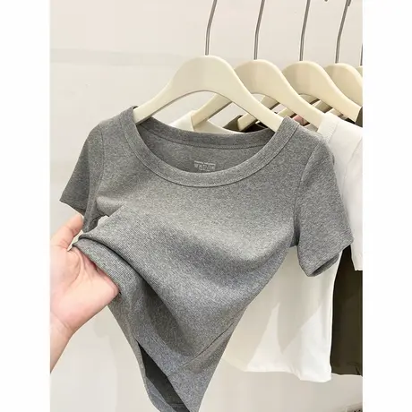 纯棉白色短袖t恤女紧身夏季2025新款修身短款上衣女装体恤打底衫商品大图