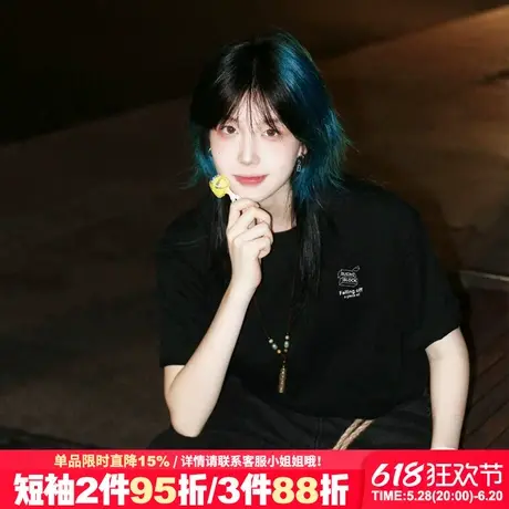 小众设计感黑色正肩t恤女短袖美式街头潮牌宽松显瘦重磅半袖上衣商品大图