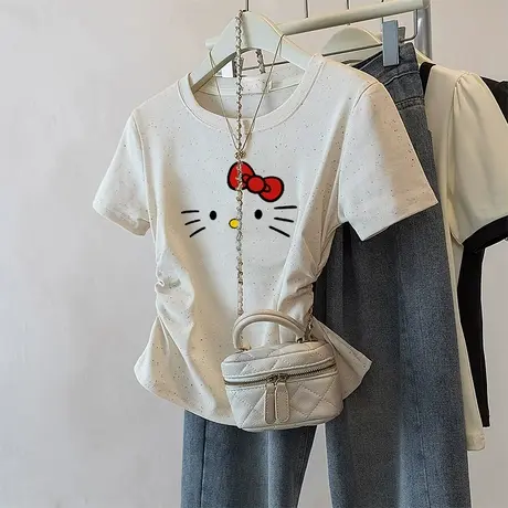 圆领正肩夏季高级感彩虹波点修身短袖t恤女新款褶皱收腰短袖上衣商品大图