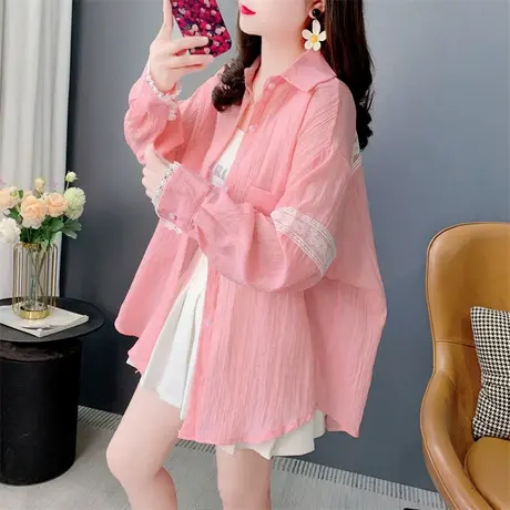 高级感蕾丝拼接长袖衬衫女2025新款春夏宽松薄款休闲减龄防晒上衣图片