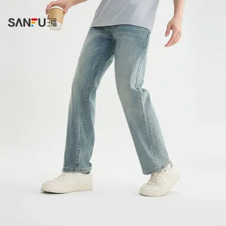 三福2025秋季男士纯色牛仔裤 都市气质合身直筒长裤504104商品大图