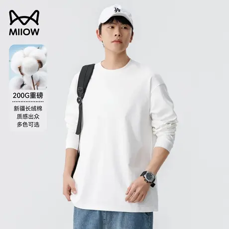 猫人200g重磅长袖t恤男宽松纯色白色春秋落肩卫衣日系圆领打底衫图片