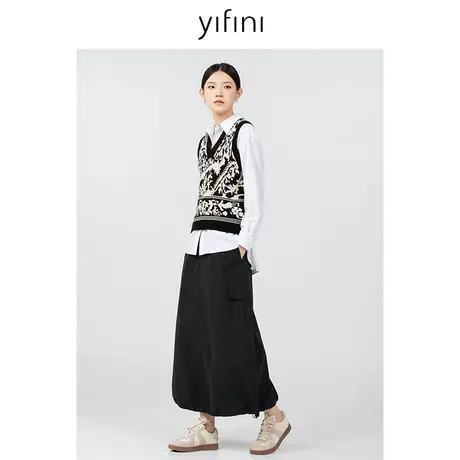 Yifini/易菲通勤高级感A字半身裙女秋季新款下摆抽绳中长款图片