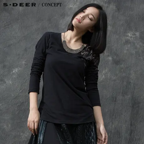 sdeer圣迪奥女装2017冬装独特韵味印花长袖T恤S15480213图片