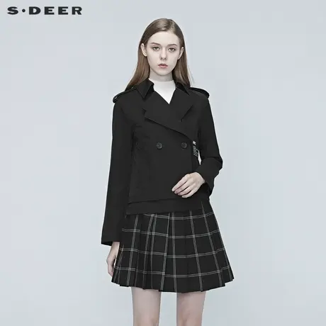sdeer圣迪奥春装女装双排扣不对称短款黑色长袖工装外套S20382214图片