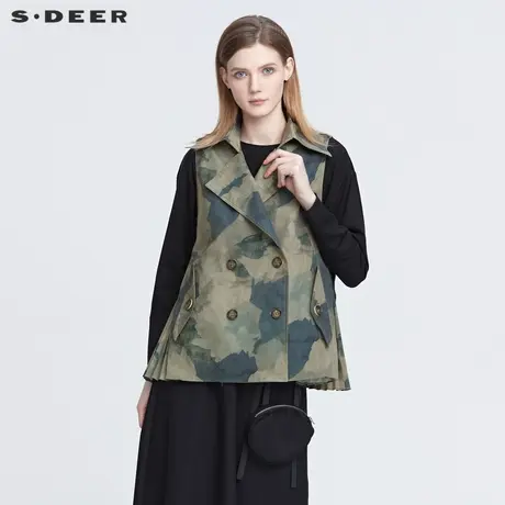 sdeer圣迪奥2022春季新款翻领双排扣抽褶印花无袖马甲女S22181601图片