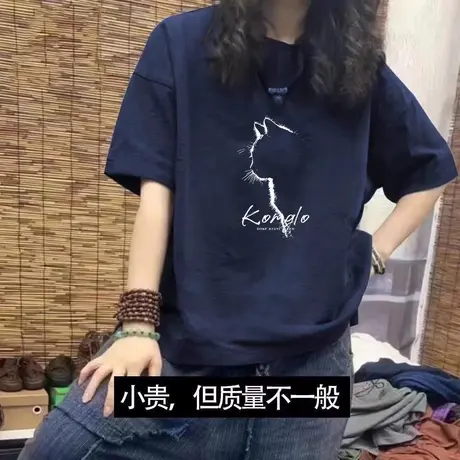 韩系chic大码宽松短袖t恤女猫咪印花设计感闺蜜装ins潮减龄上衣夏商品大图