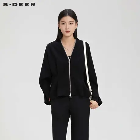 sdeer圣迪奥女装立领格纹压褶宽松短款外套S231Z2226图片