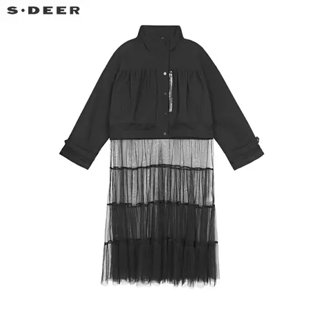 sdeer圣迪奥立领抽褶网纱拼接长款外套女春秋装S22161805图片