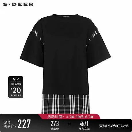 sdeer圣迪奥25年新品女装时尚圆领撞色格纹拼接短袖T恤S252Z0107图片