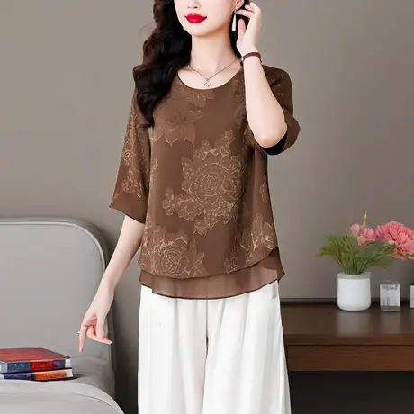 乔其纱双层提花中袖t恤衫女夏季新款大码胖MM宽松显瘦妈妈上衣商品大图