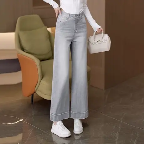 莫兰迪灰色窄版软牛仔直筒裤女夏季薄款宽松时尚九分休闲阔腿裤图片