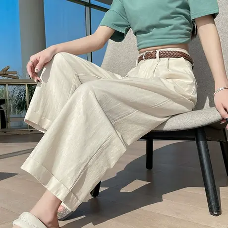 杏色卷边阔腿裤女小个子春秋2025新款高腰显瘦百搭直筒亚麻九分裤商品大图