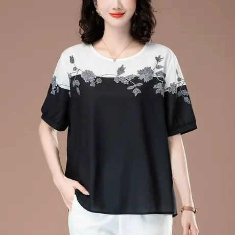 轻奢高级感雪纺衫短袖夏季新款宽松加肥加大码中年妈妈仿真丝上衣图片