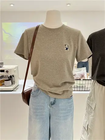 春夏简约刺绣卡通小狗基础款修身显瘦小众短袖T恤女纯棉体恤上衣商品大图